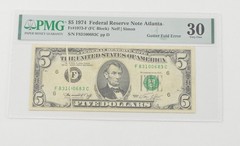 VF30 1974 $5 FRN Atlanta – FR#1973-F Gutter Fold Error – PMG *6586