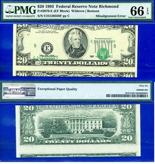 1993 $20 Federal Reserve Note PMG 66EPQ 2nd highest graded misalignment error