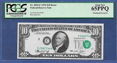 🇺🇸 1974 $10 ERROR ♚♚MISALIGNED OVERPRINT♚♚ PCGS GEM NEW 65 PPQ