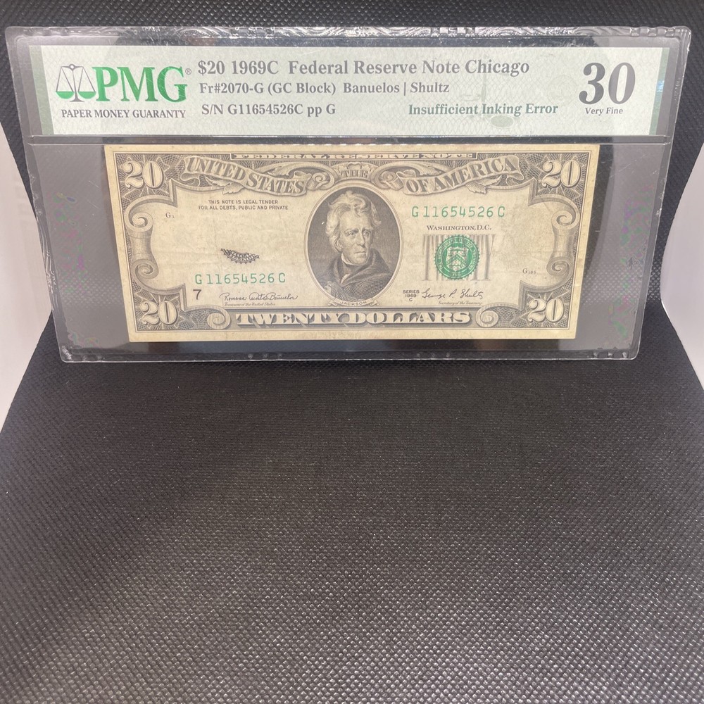 1969 C $20 Federal Reserve Note Chicago Insufficient Inking Error PMG 30 Very Fi
