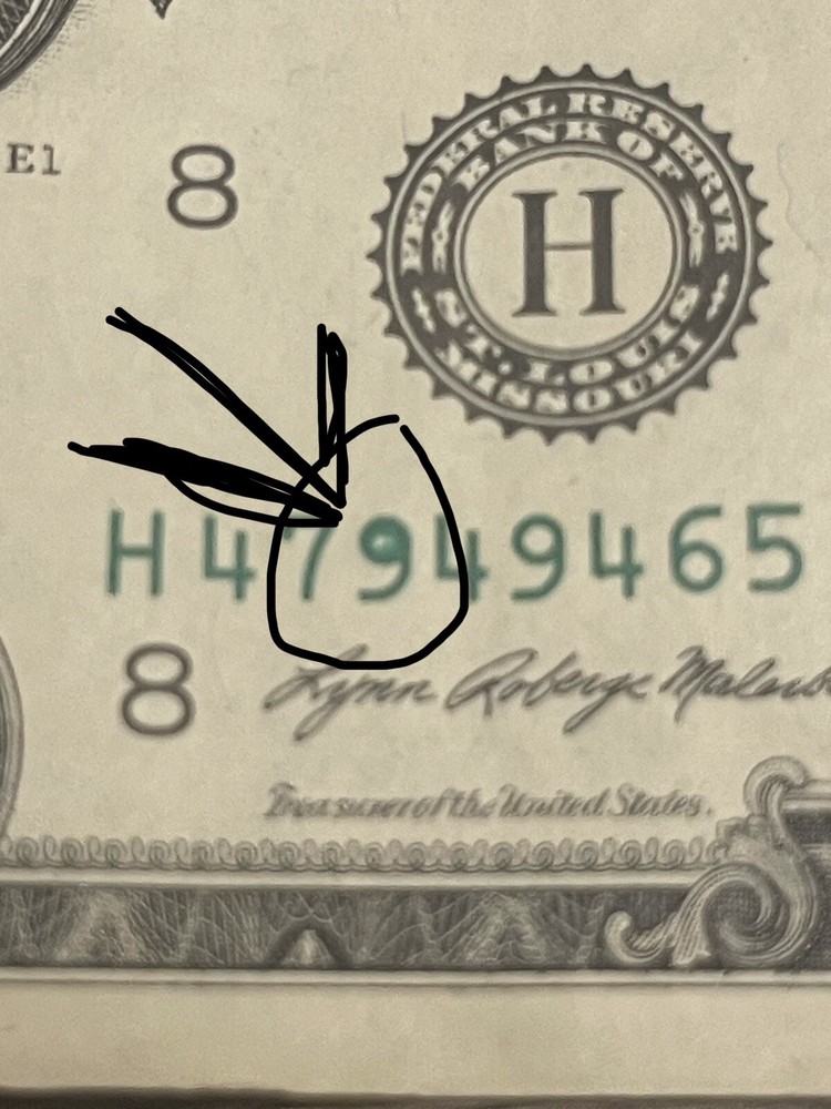 2021 $1 Over Ink Error Filled In 9 Fancy Serial Number Note