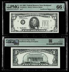 INSUFFICIENT INKING ERROR 1995 $5 FR NOTE FR.#1984-E RICHMOND PMG GEM UNC 66 EPQ