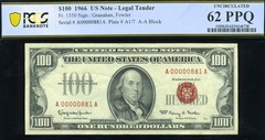 1966 $100 L.T -ERROR-LOW SERIAL-A000000881A P.C.G.S #62PPQ