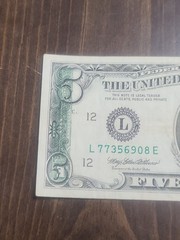 1995 $5 Federal Reserve Note With Ink Error Transfer Circulated With Folds