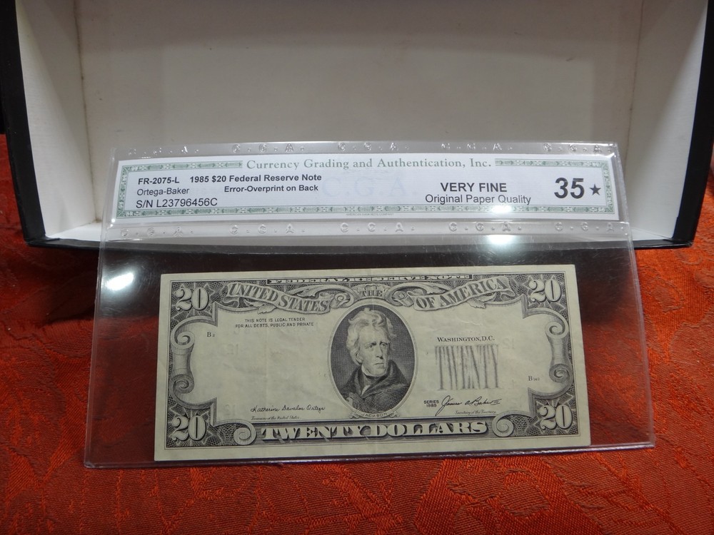 1985 FR 2075-L T-Dollar Twenty $20 Note CGA Grade 35 – Error Overprint on Back
