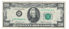 1969 A $20 DOLLARS BILL CHICAGO, ILLINOIS. GUTTER FOLDS ERROR.
