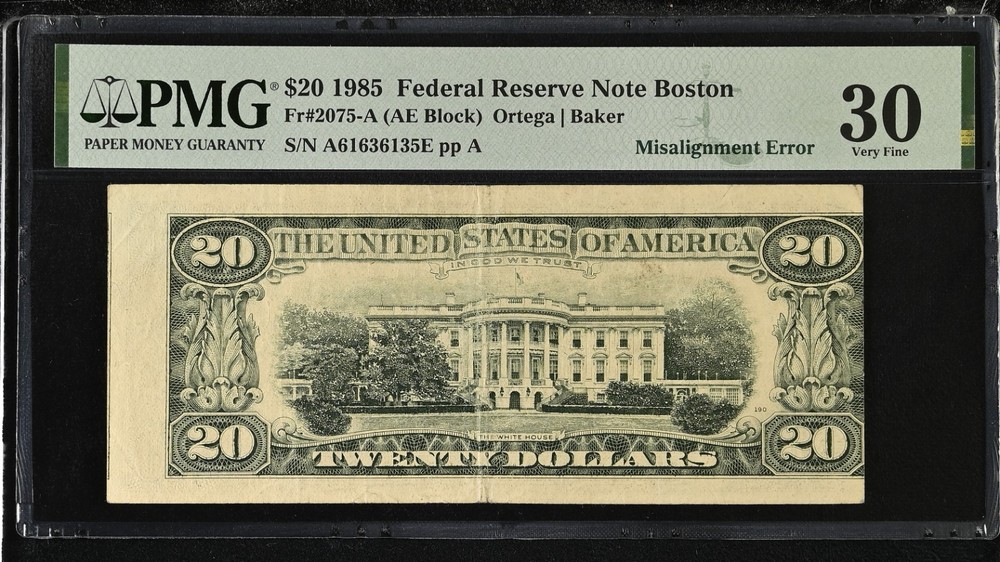 1985 $20 FRN Fr#2075-A PMG VF 30 Misalignment Error First Print Misaligned