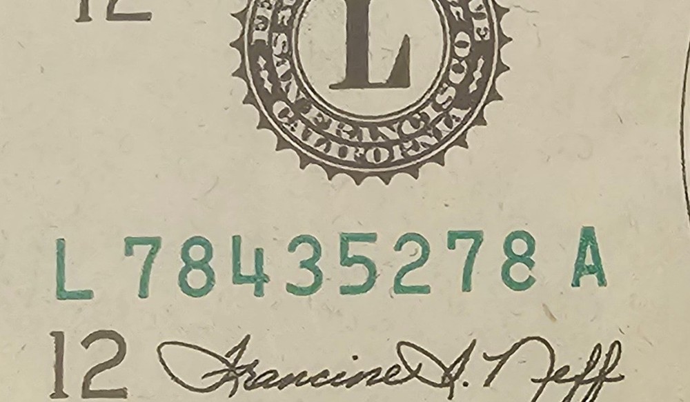 1976 $2 BILL INSUFFICIENT INKING OF SERIAL SINGLE DIGIT 8