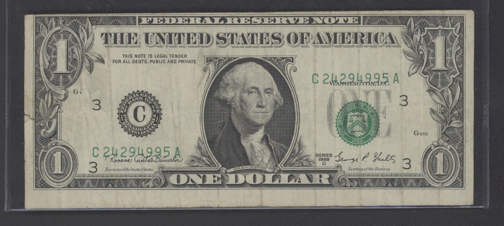 1969D Philadelphia $1.00 Federal Reserve ERROR Note Print Shift Error – Misalig