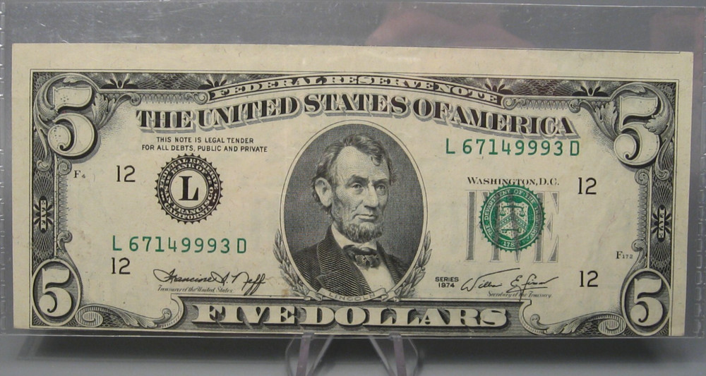 ERROR Note: 1974 $5 FRN Note. 2nd Print Shift Off-Center Error.