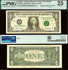 2001 $1 Federal Reserve Note PMG 25 Three Digit Mismatch Error Major BEP