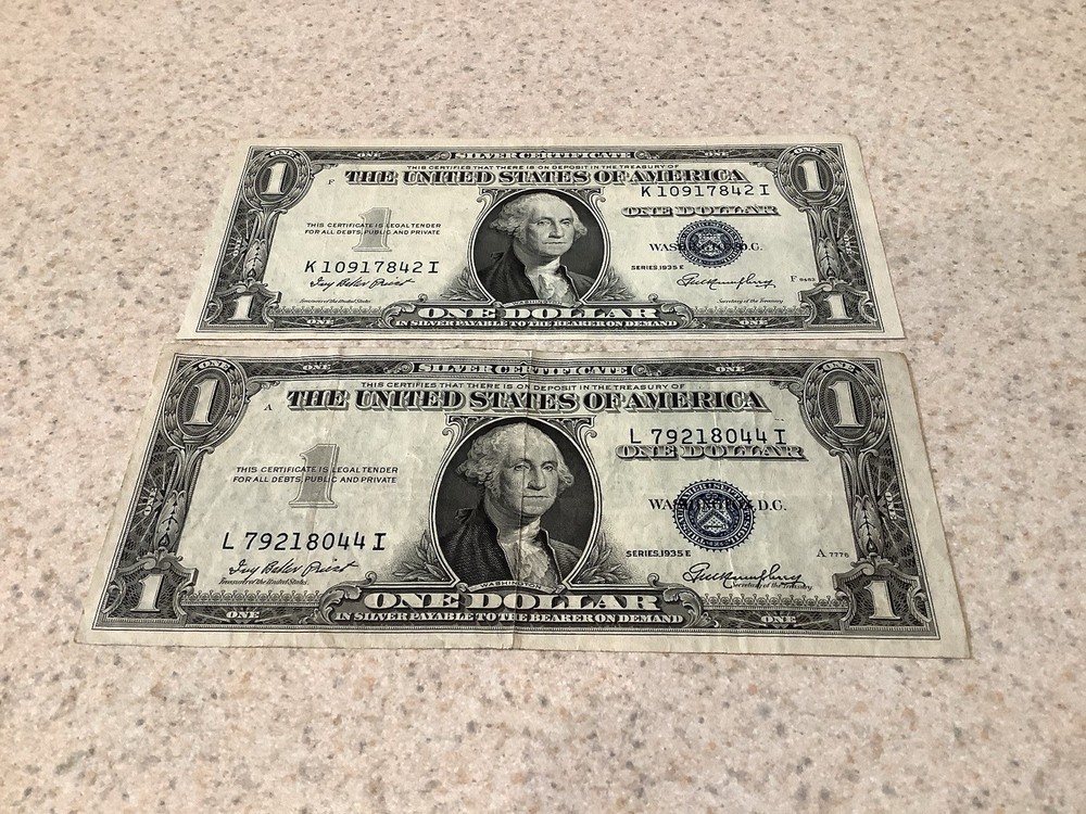 1935-E $1 Dollar Silver Certificate Misaligned ~ Lot Of 2 Bank Notes