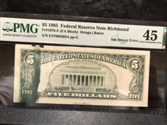 $5 1985 « INK SMEAR ERROR NOTE » FR#1978-E Richmond PMG XF 45