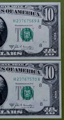 1969-A $10 DOLLAR F.R.N SEQUENTIAL ERROR NOTES GEM CRISPY UNC ST LOUIS MISSOURI