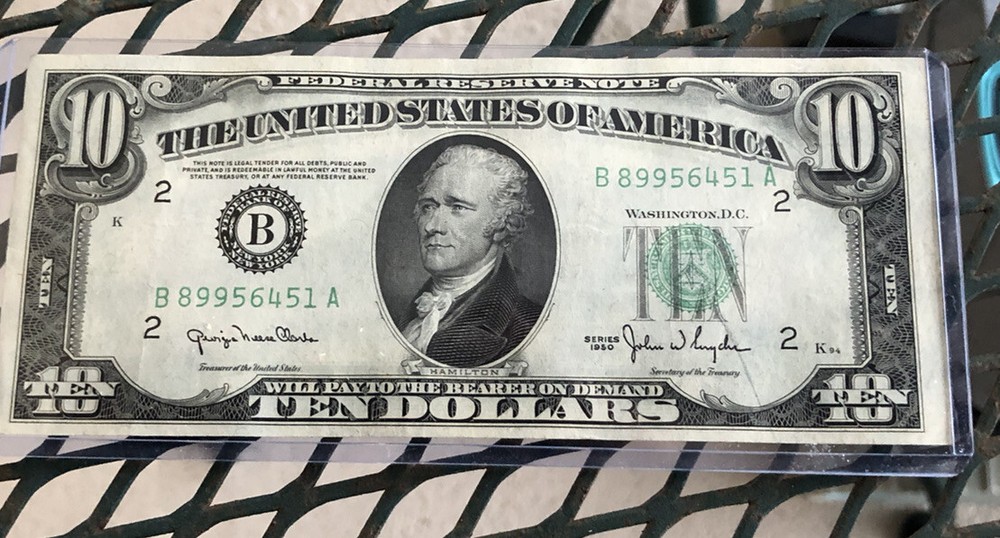 1950 $10. FEDERAL RESERVE NOTE w/ 3rd PRINT SHIFT RIGHT ERROR EXCELLENT COND