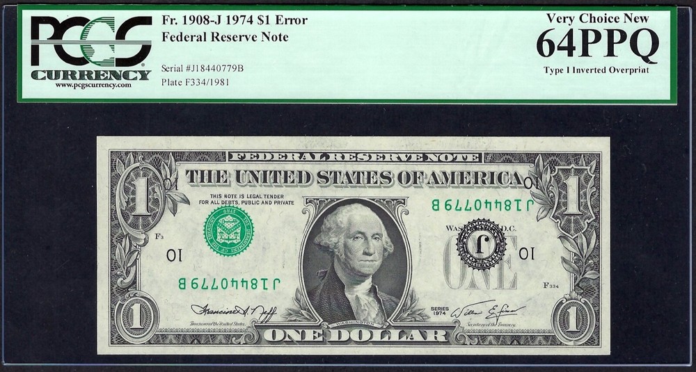 🇺🇸 ERROR 1974 $1 ♚♚INVERTED OVERPRINT♚♚ PCGS VERY CH NEW 64 PPQ