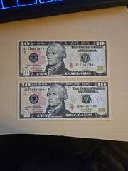 2 US 2021 Series $10 Dollar Bills w/ Serial Number Inking Errror