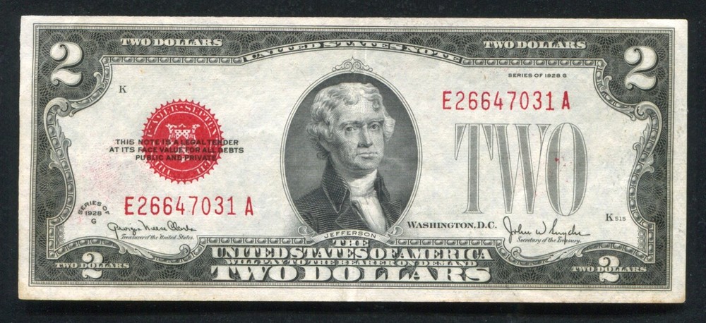 FR. 1508 1928-G $2 LEGAL TENDER UNITED STATES NOTE “MAJOR OVER INKING ERROR” AU