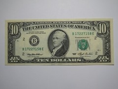 $10 1993 Partial Light Printing on Back Error Federal Reserve Bank Note Bill UNC