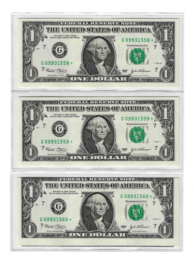 2003 $1 Double Print Error Star Note UNC, 3 Bills in Series, Misprint Misaligned