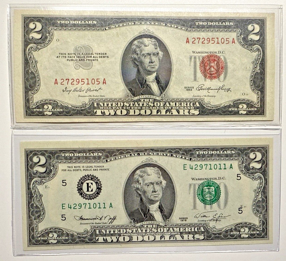 PAIR OF TWO 1953/1976 2$ MISALIGNED RED/GREEN SEAL ERROR 5105A/1011A