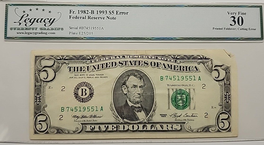 DOUBLE PRINTED FOLDEROVER & CUTTING ERROR 1993 5$ LEGACY30 9551A