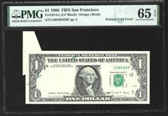 PRINTED FOLD ERROR! 1988 $1 FEDERAL RESERVE NOTE PMG GEM UNC-65 EPQ RARE
