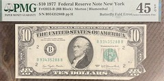 1977 $10 FRN Error Note new Cutting & Serial Printing Error Butterfly Fold Error