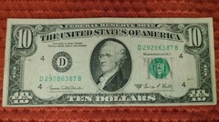 $10 bill 1969c off center Offset with seal misalignment error