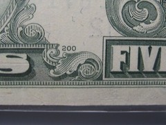 ERROR Note: 1974 $5 FRN Note. 2nd Print Shift Off-Center Error.
