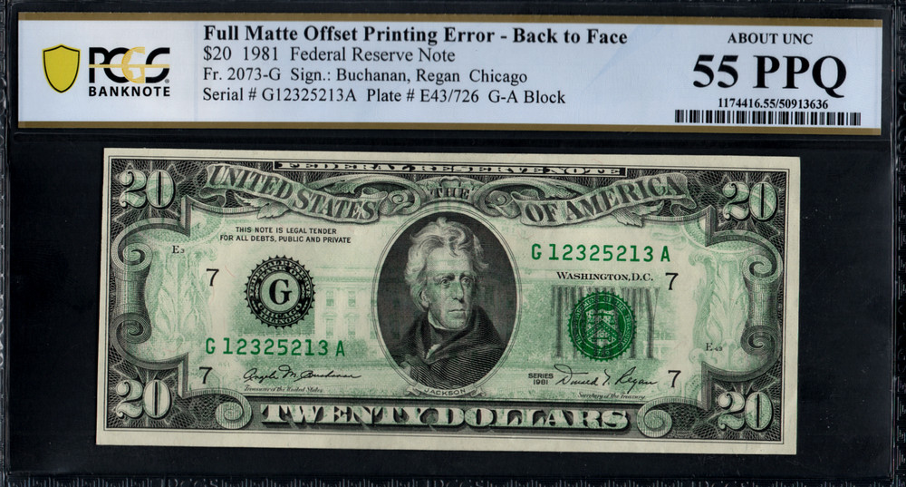 SERIES 1981 FULL MATTE OFFSET BACK TO FACE PRINTING ERROR $20 FRN! PCGS 55 PPQ!