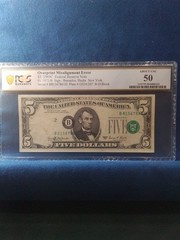 $5 1969C FRN, OVERprint Misalignment Error, AU 50 PCGS Banknote.