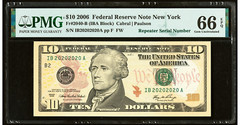 2006 $10 FRN Fancy Super Repeater Serial# 2020202020 PMG GEM 66 EPQ 20/20 Vision