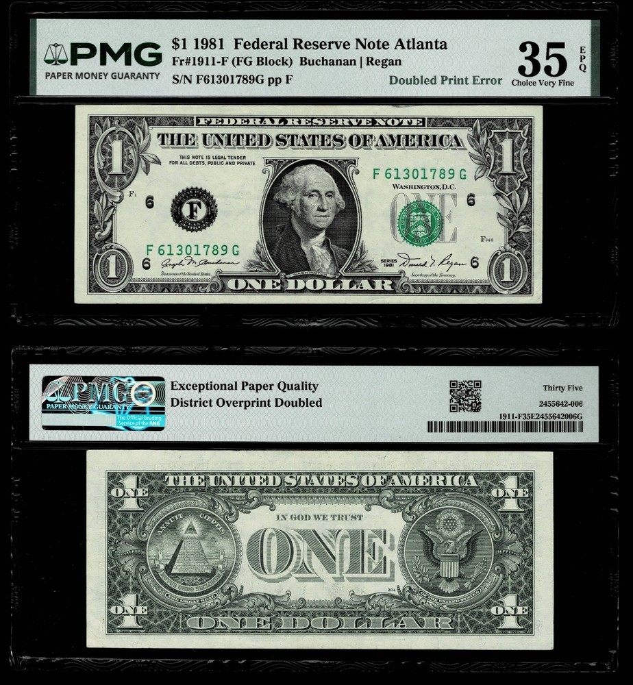 RARE DOUBLED PRINT ERROR 1981 $1 Federal Reserve Note ATLANTA~ ~ PMG VF35 EPQ
