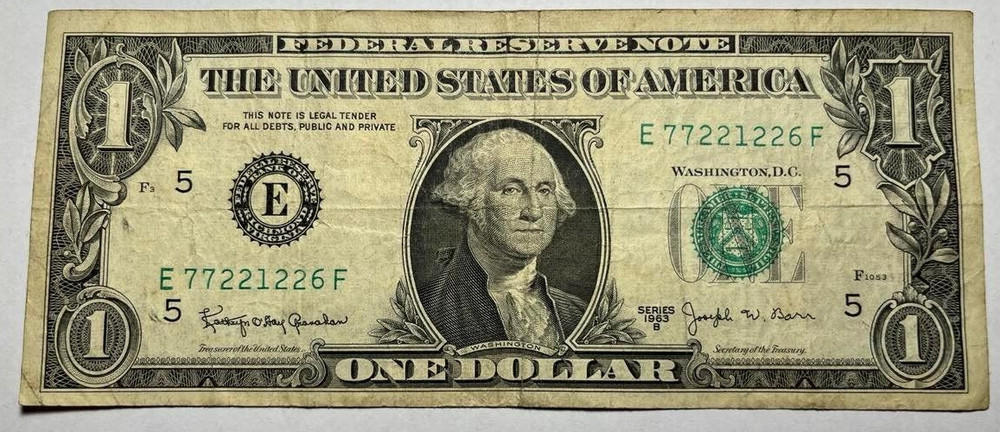 1963-B, USA $1.00 BANKNOTE JW BARR Sig -FANCY (four 2&rsquo;s) IN SER. #, CIRCULATED