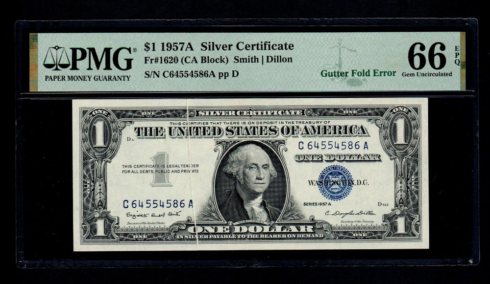 1957-A $1 Silver Certificate Fr#1620 Gutter Fold Error PMG GEM UNC 66 EPQ