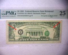 1981 $5 FRN 🌟2nd & 3rd PRINT ON REVERSE🌟 VERY RARE 🌟NICE ! 🌟