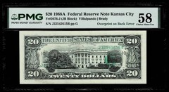OVERPRINT ON BACK ERROR FR.#2076-J 1988A $20 FR Note, KANSAS CITY PMG CH AU 58