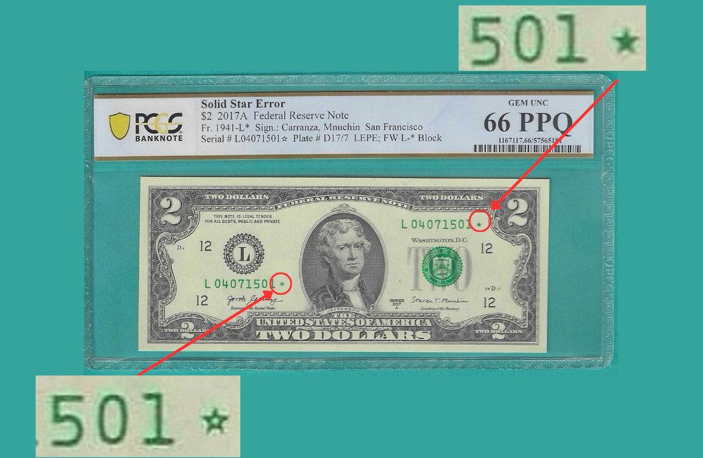 2017A Star $2 Two Dollar PCGS Graded Gem 66PPQ SOLID/FILLED STAR Error Note RARE