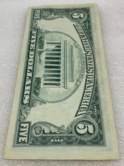 1977 Five Dollar Bill Note Partial Back-to-Face Offset Error- Back Side On Front
