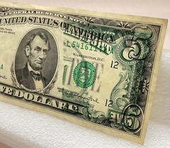1977 Five Dollar Bill Note Partial Back-to-Face Offset Error- Back Side On Front