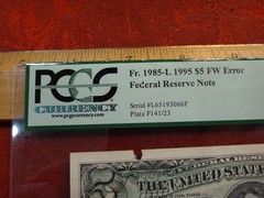 1995 $5 FW Error Full Back to Face Offset Federal Reserve Note Fr#1985-L PCGS 40