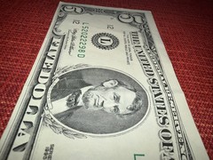 $5 Bill Series 1995 Vintage L52022298D Fancy Quad 2s Serial Note Error Miscut