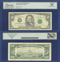 USA 1990 FEDERAL RESERVE NOTE $50 OFFSET ERROR NOTE GRADED VERY FINE 35
