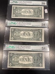 3x Error PMG 58 EPQ FRN $1 Consecutive Serial Notes 1974