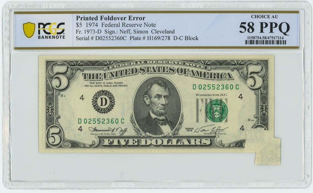 FR #1973-D FRN Printed Foldover Error Ch AU58 PPQ PCGS 947695-35