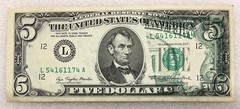 1977 Five Dollar Bill Note Partial Back-to-Face Offset Error- Back Side On Front