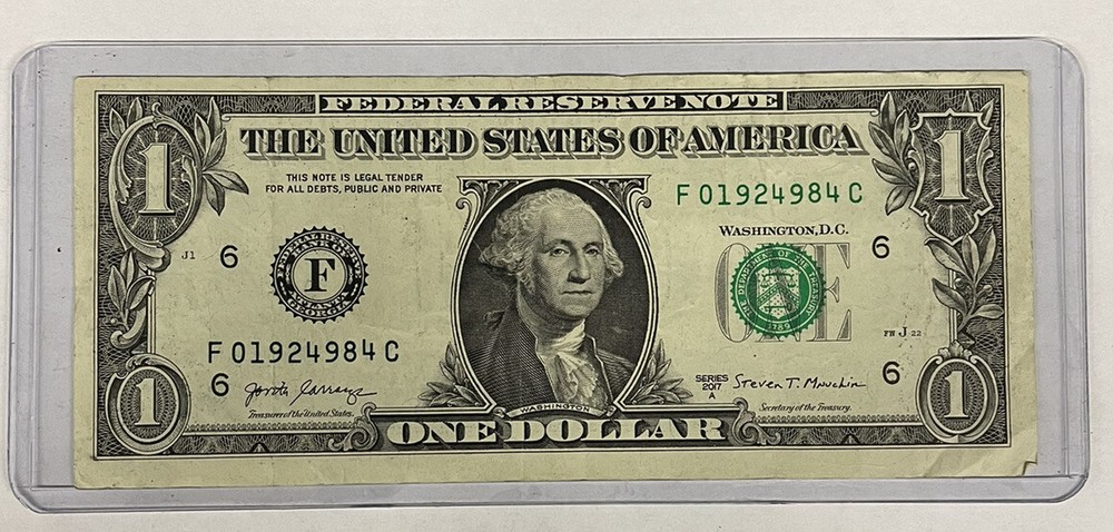 2017A $1 bill error black ink serial number Contamination Mismatched Serial Ink