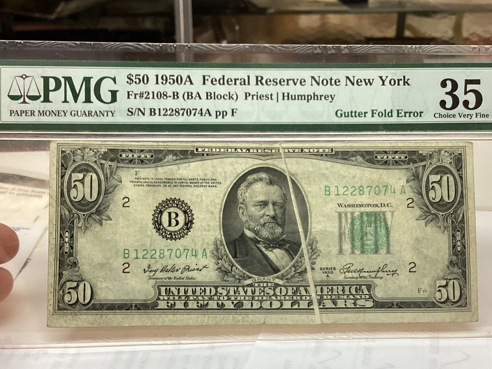 $50 1950A PMG 35 Gutterfold Error FR#2108-B