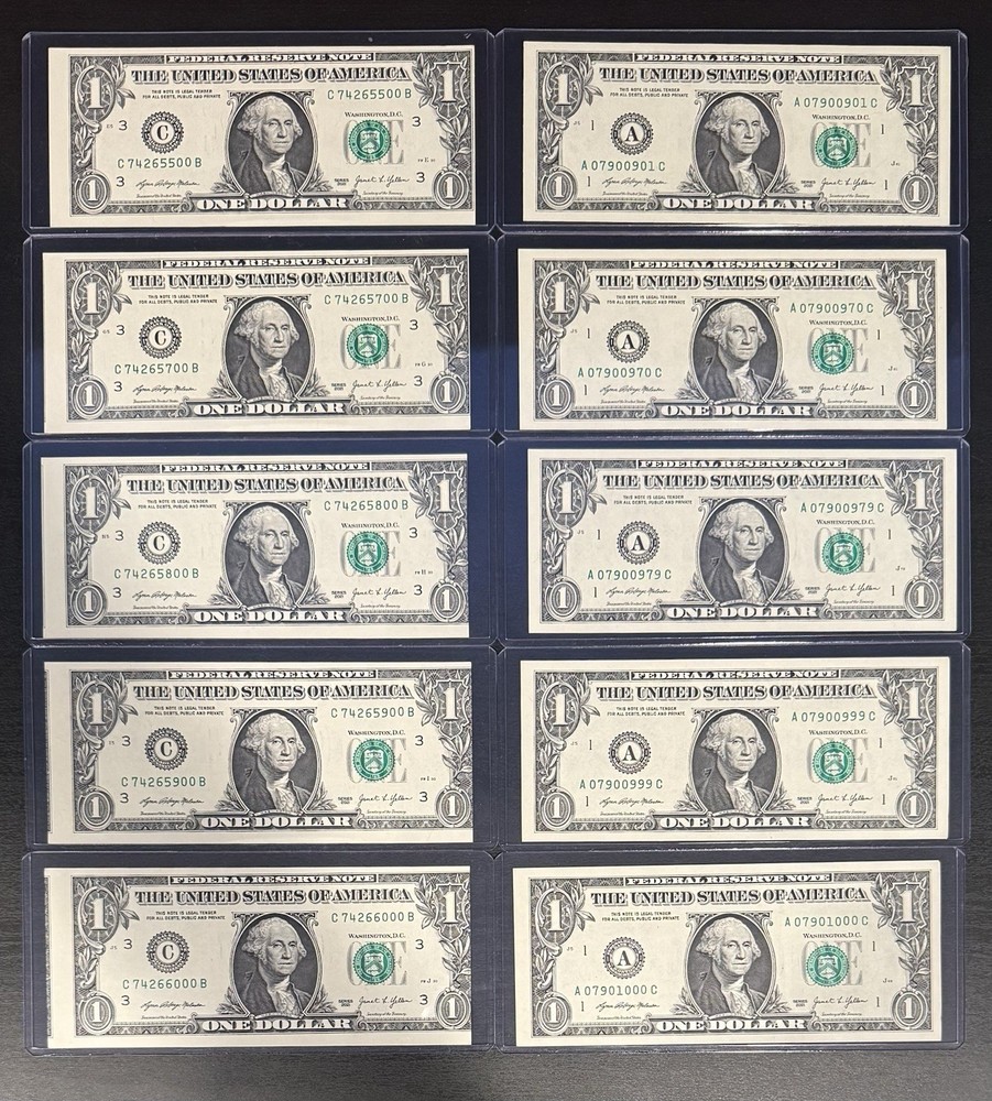Lot 10 $1 Error Notes – 5 MAJOR Miscut (4 Show Note) + 5 Serial Error/Ladder UNC